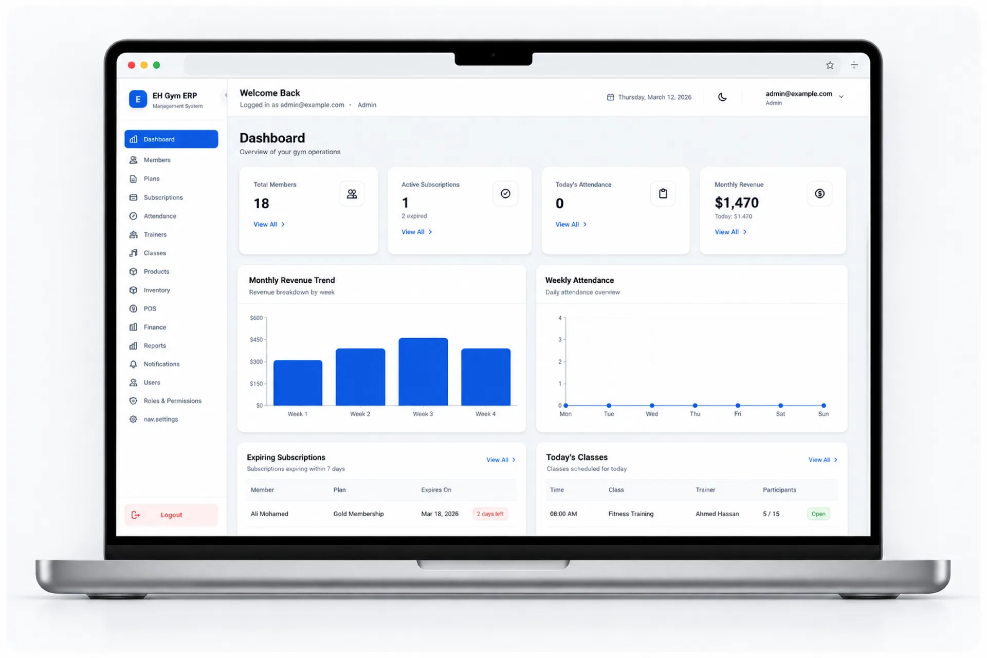EH Gym ERP — Reception and membership workspace
